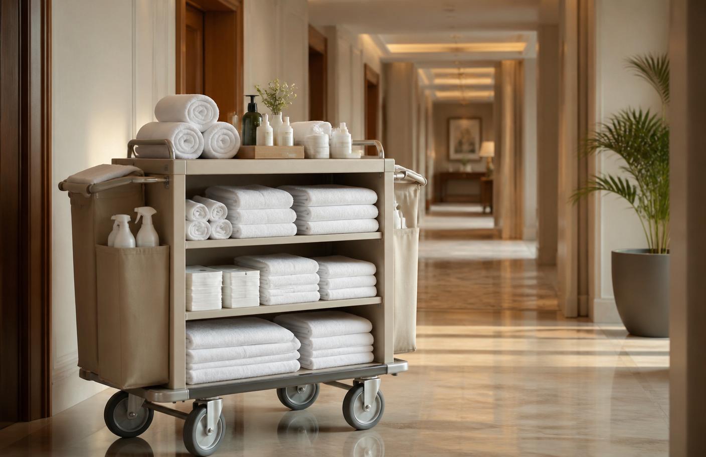 Hotel housekeeping cart with neatly arranged towels and amenities